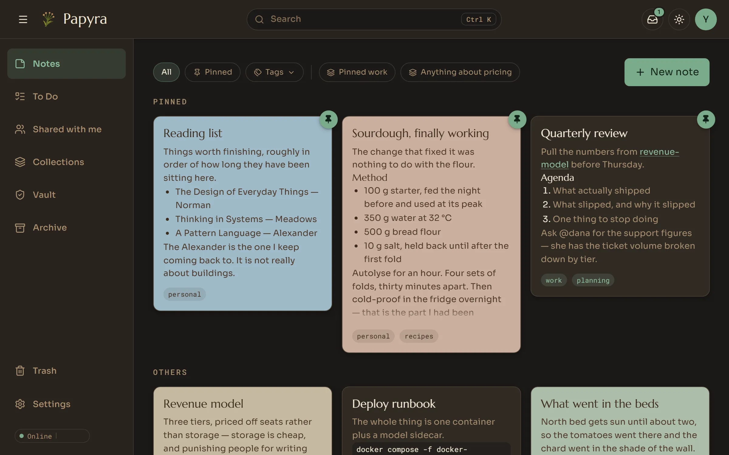 The Papyra dashboard: colourful note cards with tags and pins, in a masonry grid