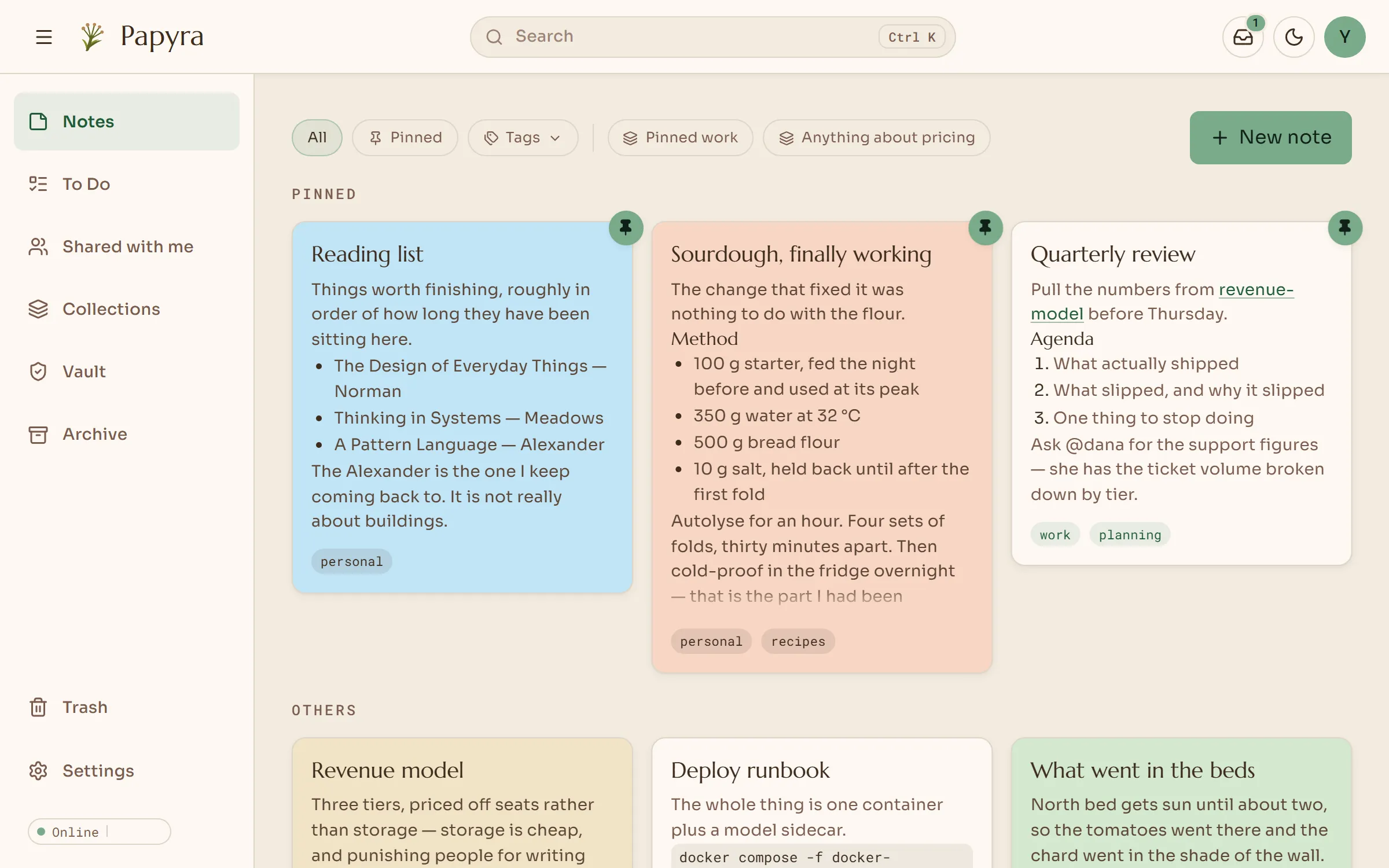 The Papyra dashboard: colourful note cards with tags and pins, in a masonry grid
