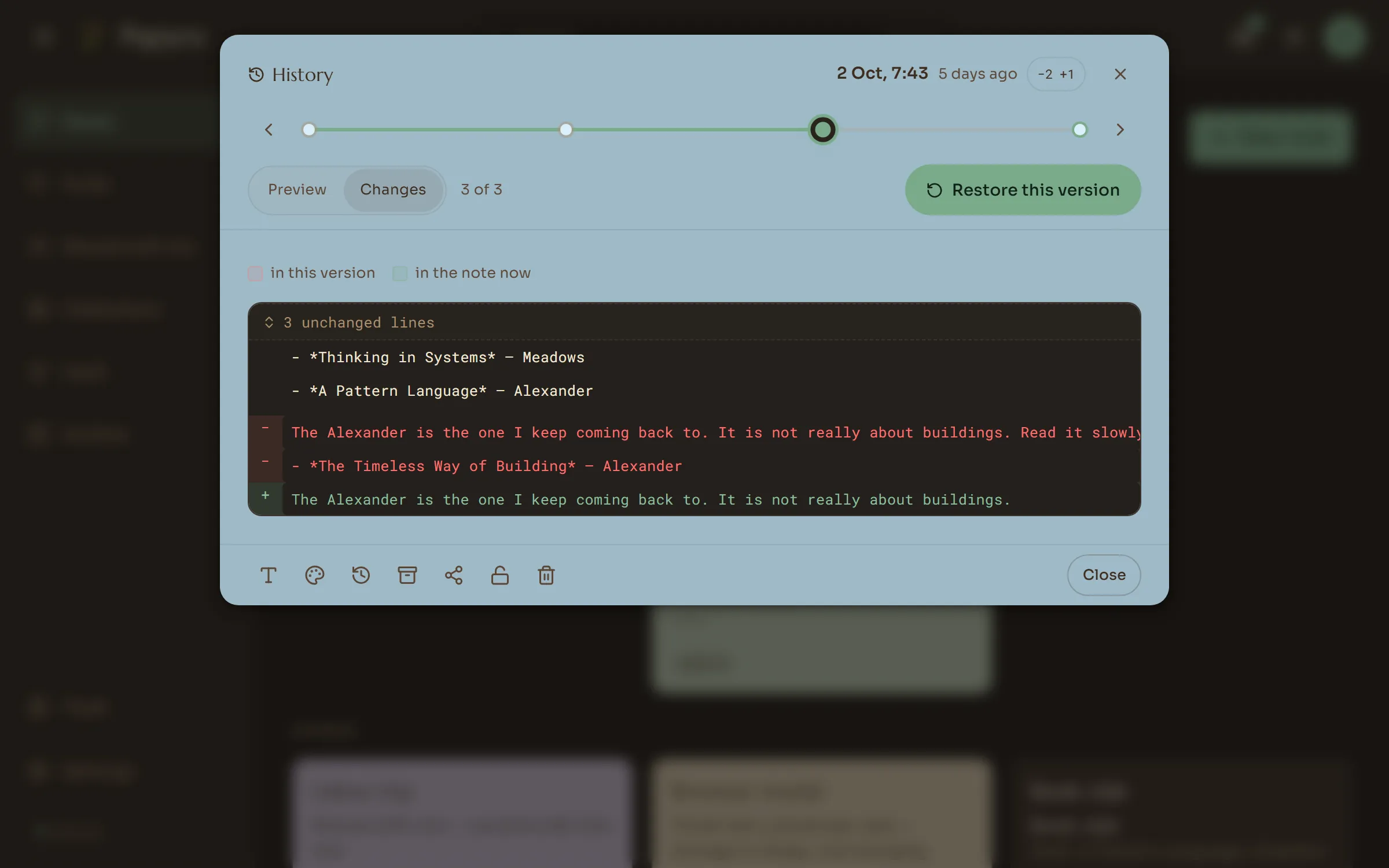 Version history: a timeline of saved versions and what changed, line by line