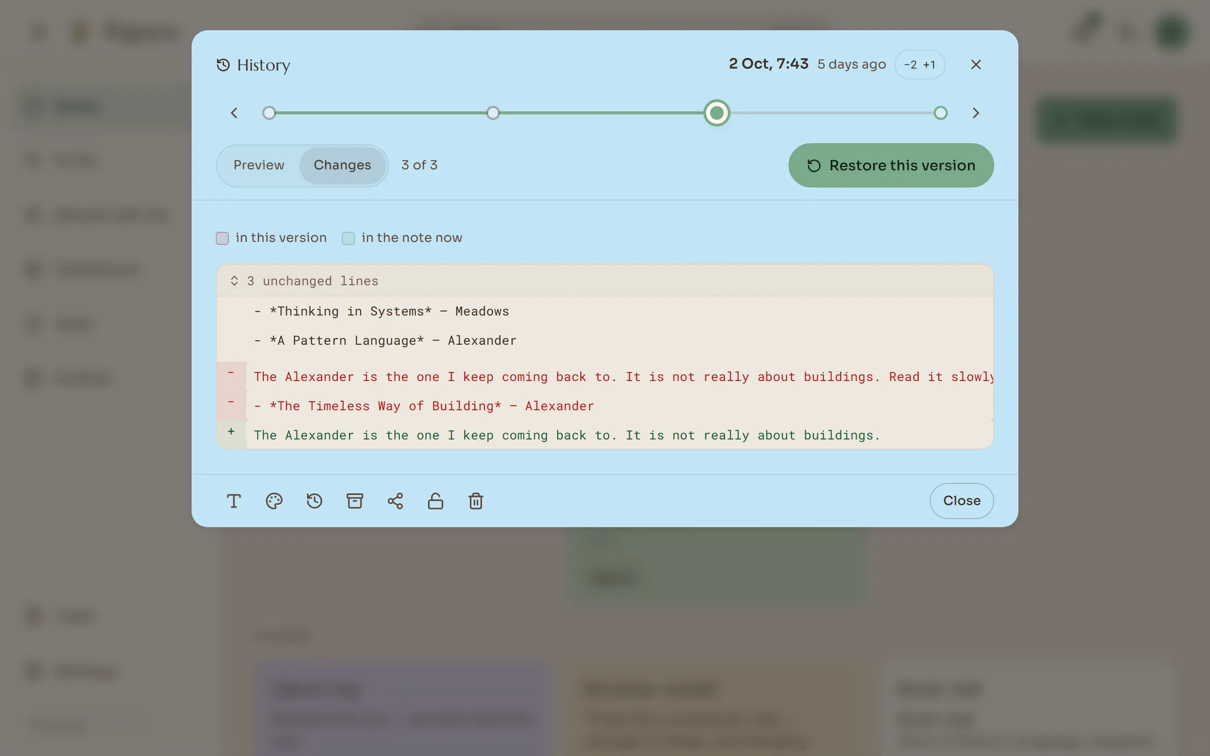 Version history: a timeline of saved versions and what changed, line by line